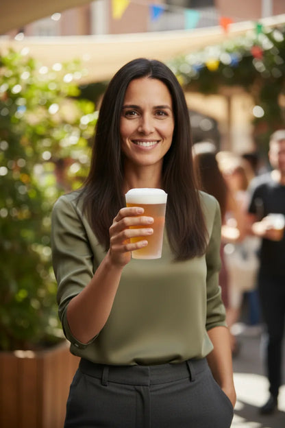 Mulher numa esplanada a segurar um copo imperial reutilizável com cerveja
