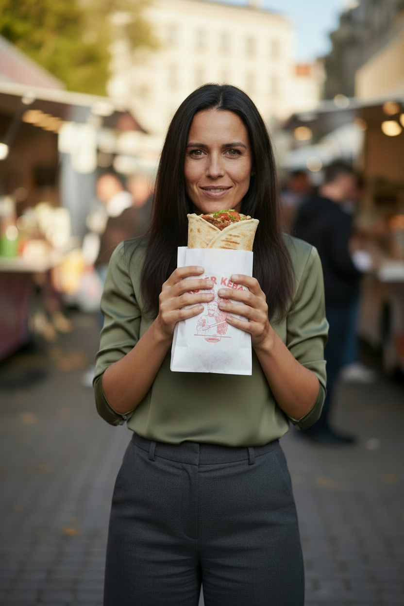 Mulher num mercado de rua com um saco de papel para kebab da RAS Embalagens