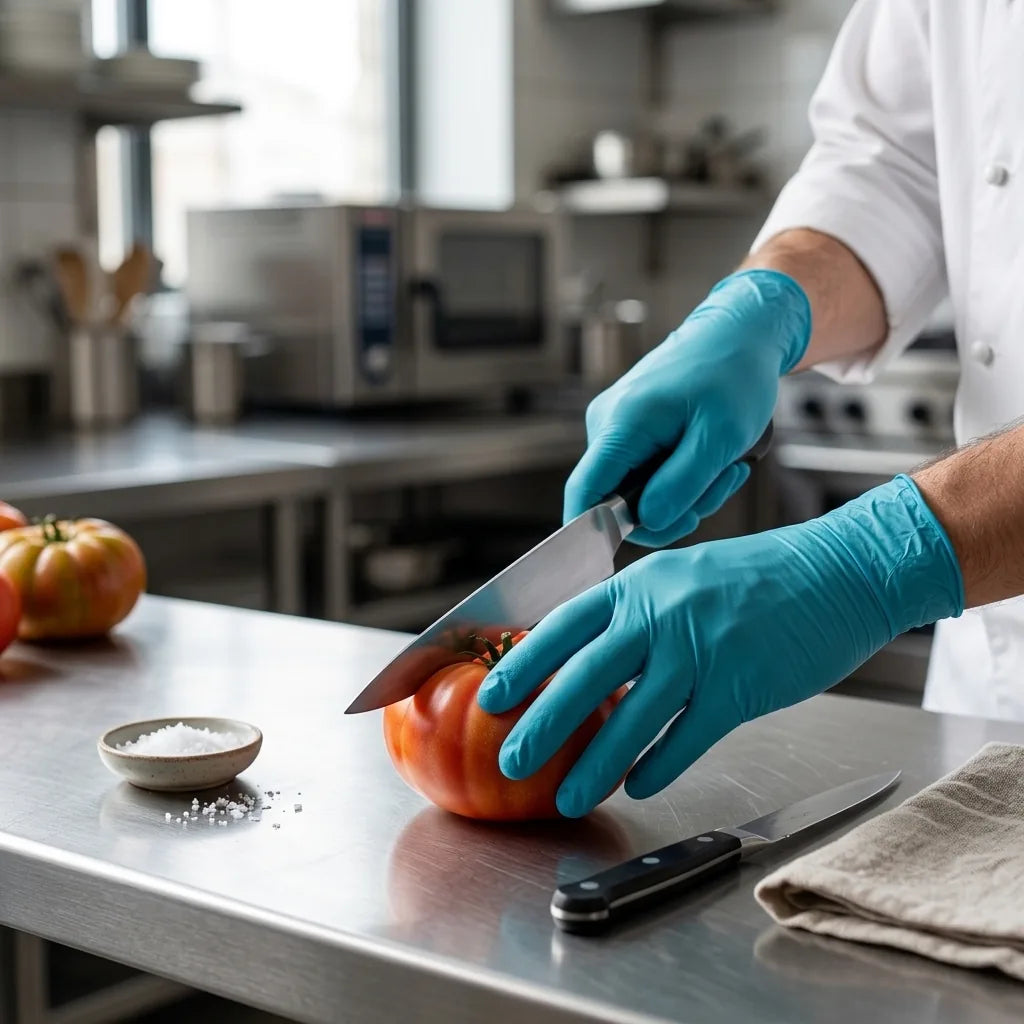 Mãos com luvas de nitrilo azuis a empratar num prato de cozinha profissional