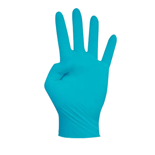 Luva de nitrilo azul Extreme Plus calçada numa mão, em fundo claro