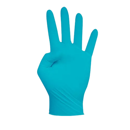 Luva de nitrilo azul Extreme Plus calçada numa mão, em fundo claro