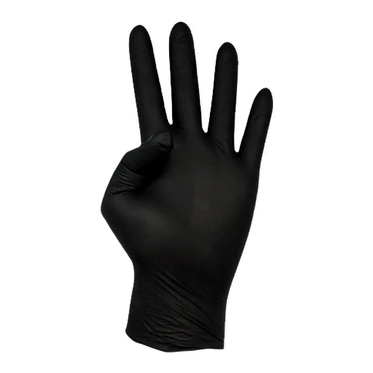 Luva de nitrilo preta Extreme Plus calçada numa mão, em fundo branco