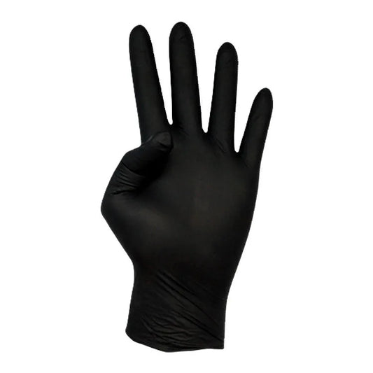 Luva de nitrilo preta Extreme Plus calçada numa mão, em fundo branco