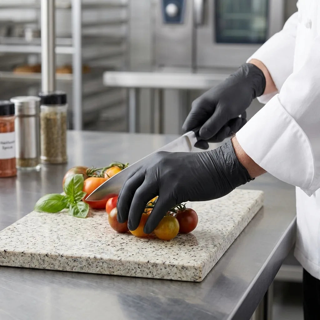 Mãos com luvas de nitrilo pretas a empratar num prato de cozinha profissional
