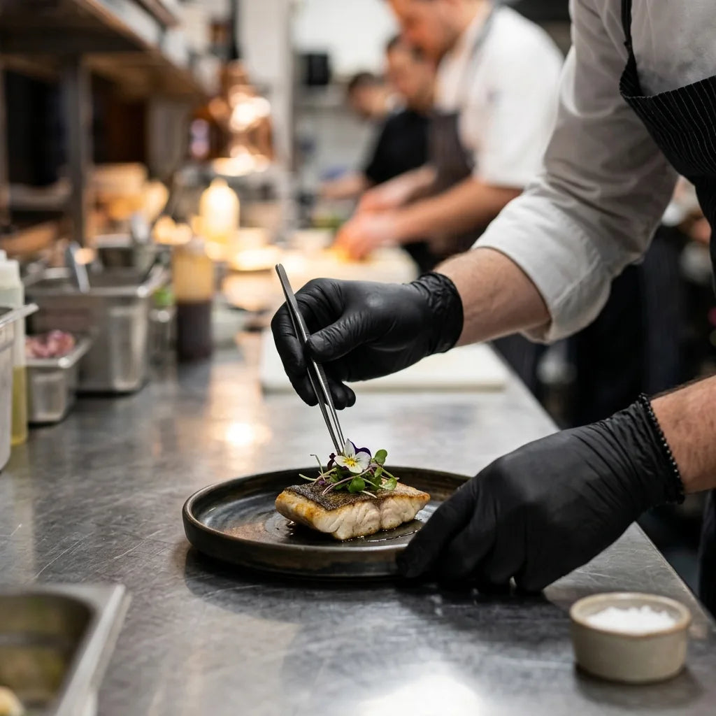 Cozinheiro com luvas de nitrilo pretas a preparar um prato numa cozinha profissional