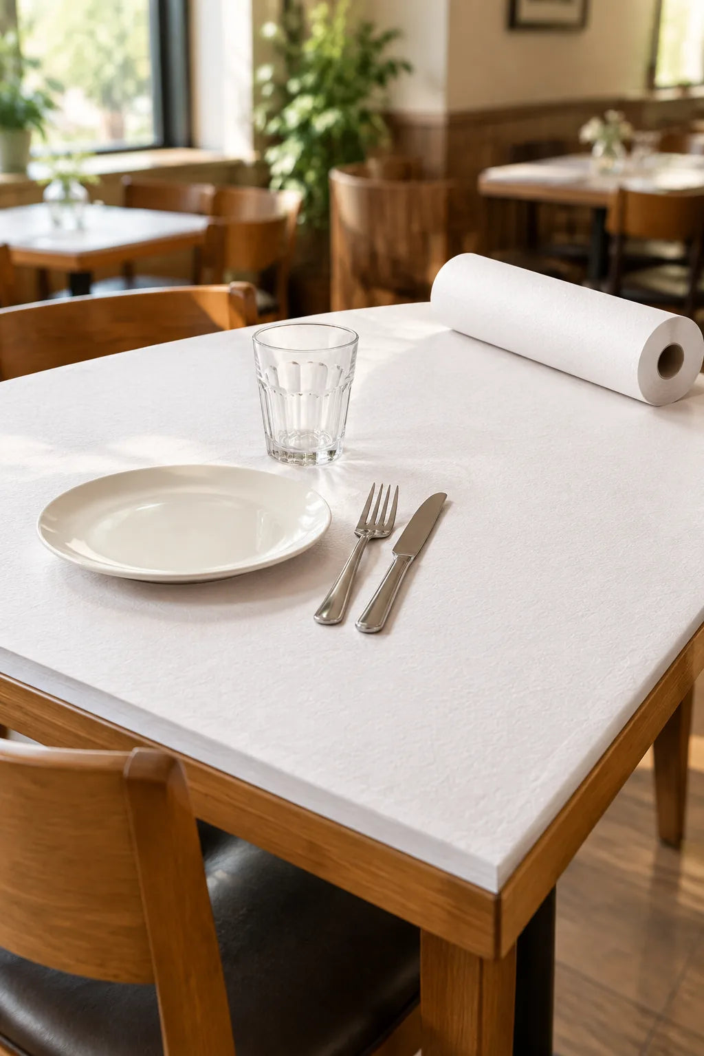 Mesa de restaurante coberta com toalha de mesa de papel em rolo