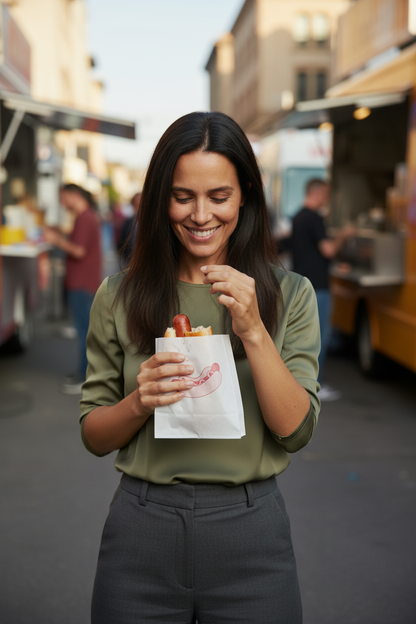 Mulher num food truck com um saco de papel para cachorro-quente da RAS Embalagens