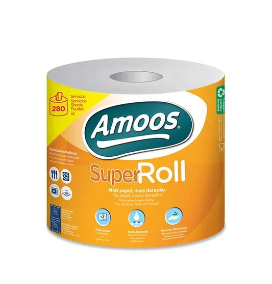 Rolo multiusos Amoos Super Roll na embalagem individual laranja e amarela