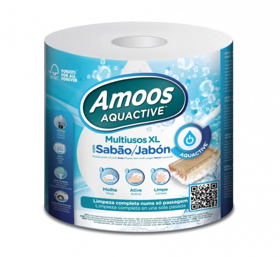 Rolo de papel multiusos XL Amoos Aquactive com sabão ativado por água, na embalagem individual