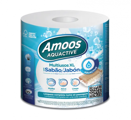 Rolo de papel multiusos XL Amoos Aquactive com sabão ativado por água, na embalagem individual
