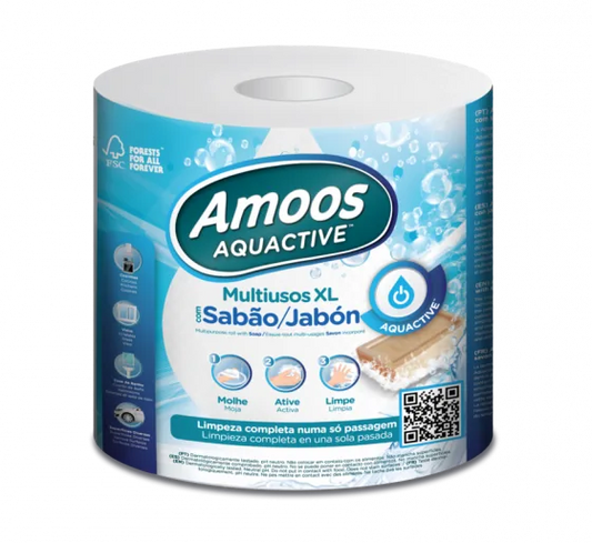 Rolo de papel multiusos XL Amoos Aquactive com sabão ativado por água, na embalagem individual