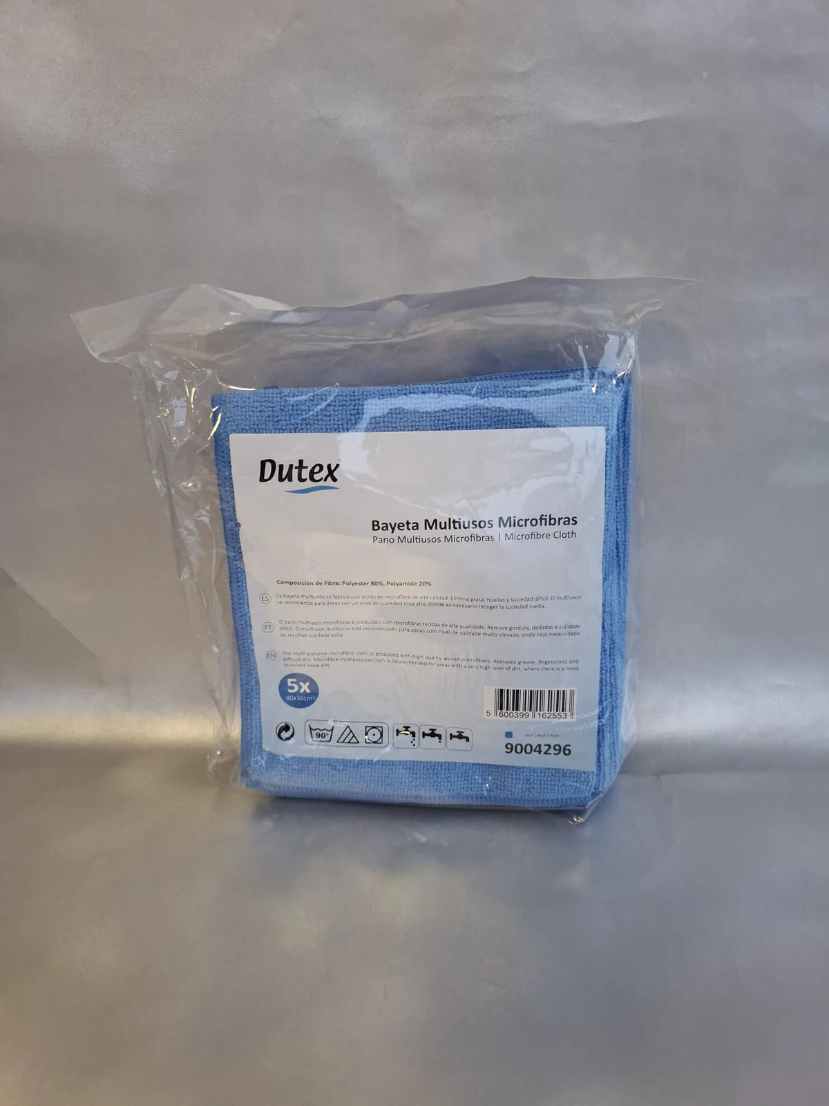 Pack de 5 panos de microfibras multiusos Dutex azuis na embalagem