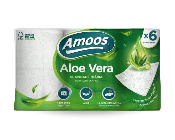 Embalagem de 6 rolos de papel higiénico Amoos Aloe Vera de 3 folhas