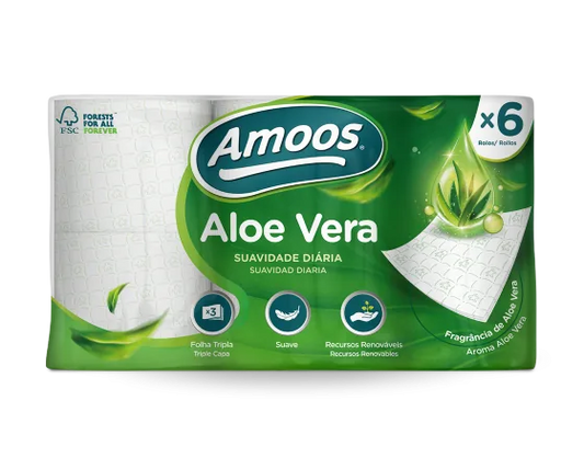Embalagem de 6 rolos de papel higiénico Amoos Aloe Vera de 3 folhas