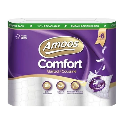 Embalagem de 6 rolos de papel higiénico Amoos Comfort Quilted