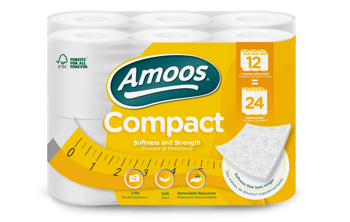 Pack de 12 rolos de papel higiénico Amoos Compact 35m de folha dupla, equivalente a 24 rolos