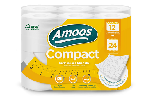 Pack de 12 rolos de papel higiénico Amoos Compact 35m de folha dupla, equivalente a 24 rolos