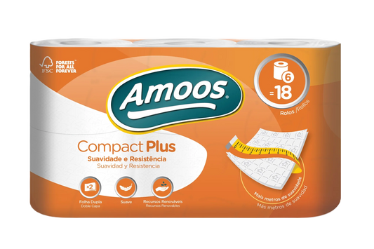 Embalagem de papel higiénico Amoos Compact Plus 50m de folha dupla, com 6 rolos equivalentes a 18