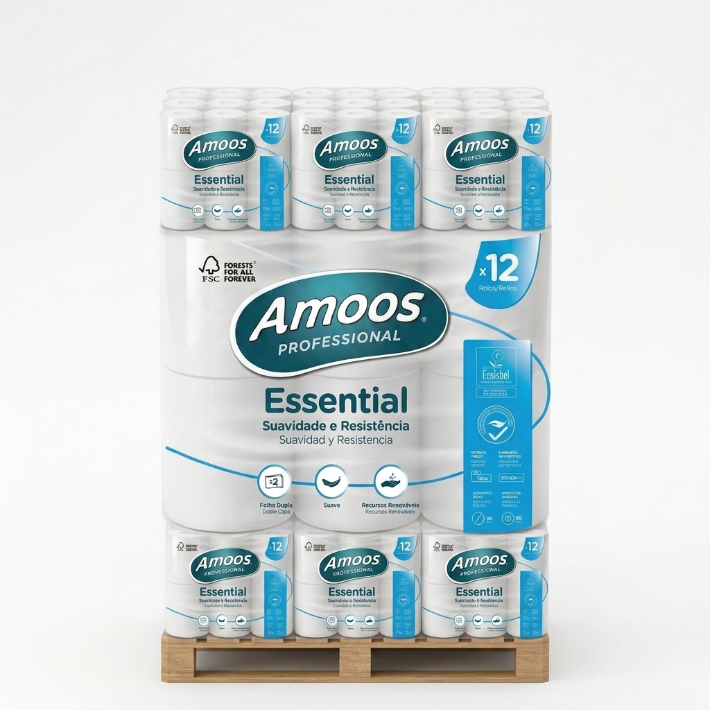 Fardo de papel higiénico Amoos Essential com 9 packs de 12 rolos — RAS Embalagens
