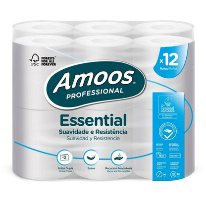 Pack de 12 rolos de papel higiénico Amoos Essential em fundo branco — RAS Embalagens