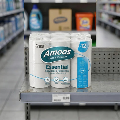 Pack de 12 rolos Amoos Essential exposto numa prateleira de minimercado — RAS Embalagens