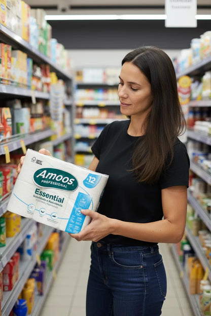 Comerciante a repor packs de papel higiénico Amoos Essential num minimercado — RAS Embalagens