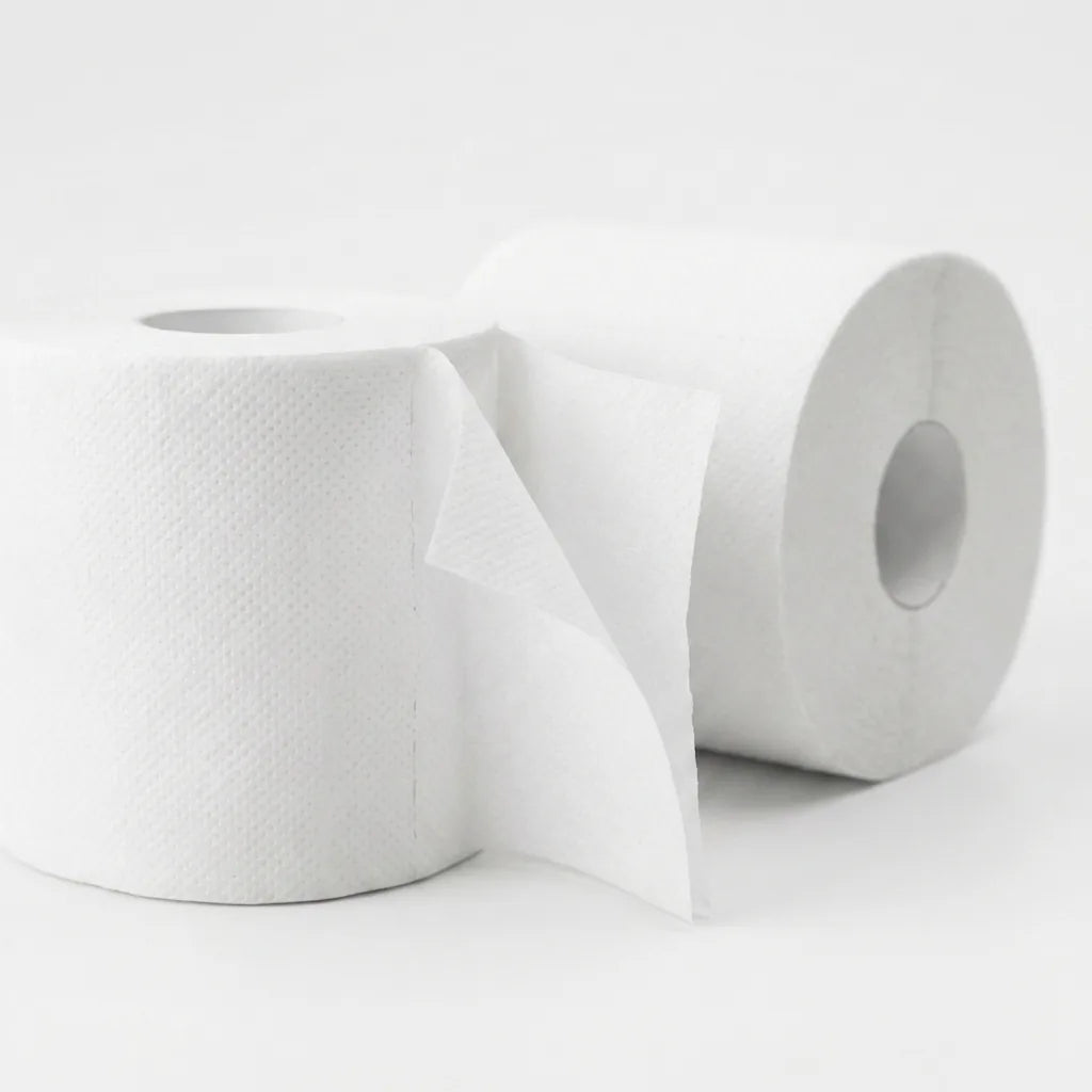 Detalhe de rolos de papel higiénico Amoos Essential de 2 folhas — RAS Embalagens