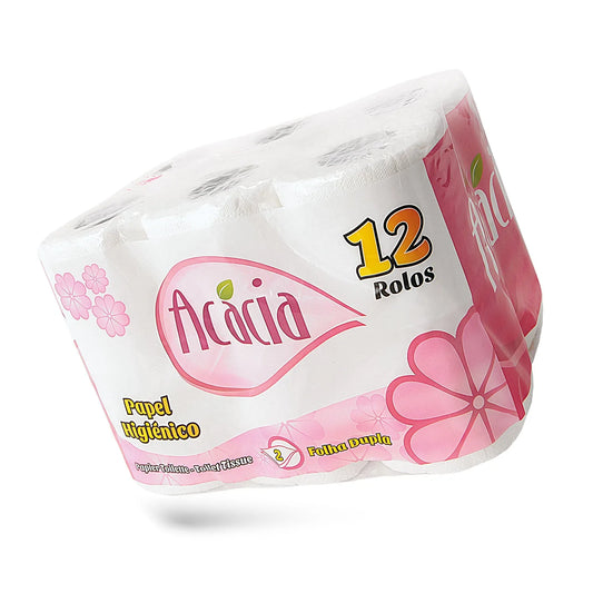 Pack de 12 rolos de papel higiénico doméstico Acácia de folha dupla em embalagem rosa