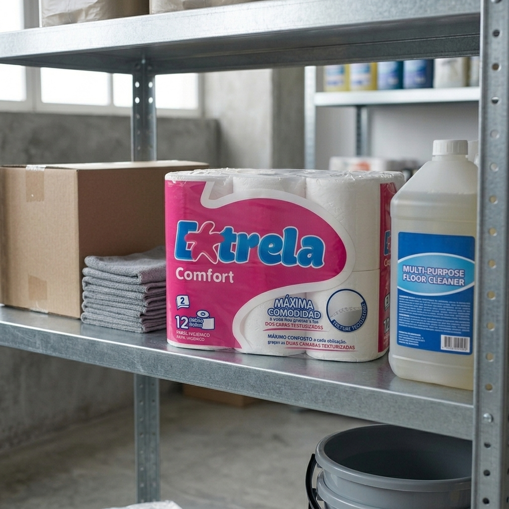 Pack de papel higiénico Estrela Comfort numa estante de armazém — RAS Embalagens