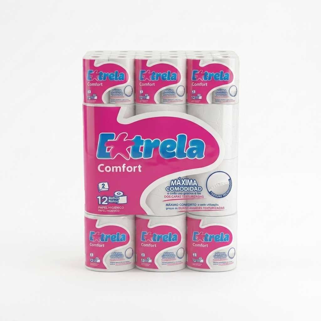 Fardo de papel higiénico Estrela Comfort com 9 packs de 12 rolos — RAS Embalagens