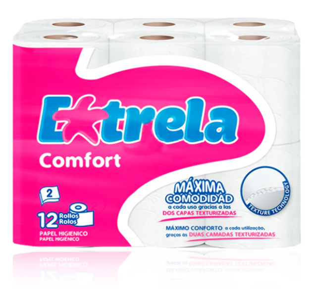 Pack de 12 rolos de papel higiénico Estrela Comfort 2 folhas — RAS Embalagens