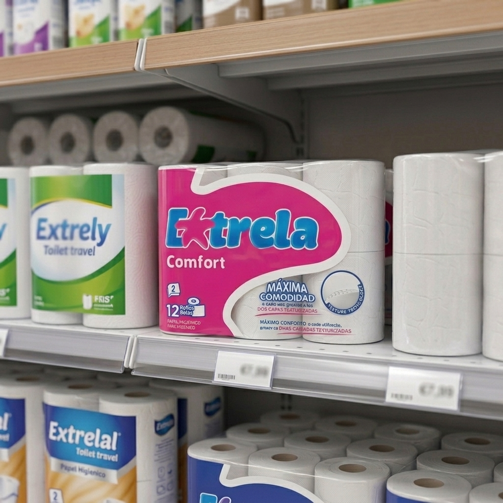 Pack de 12 rolos Estrela Comfort exposto numa prateleira de minimercado — RAS Embalagens
