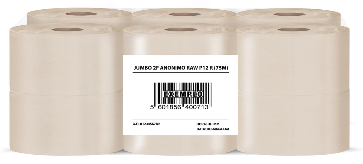 Pack de 12 rolos de papel higiénico Jumbo Natural 75m em cor natural, embalados em plástico com etiqueta