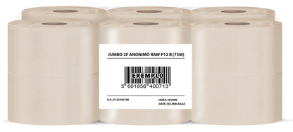 Pack de 12 rolos de papel higiénico Jumbo Natural 75m em cor natural, embalados em plástico com etiqueta