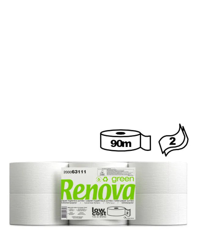 Pack de rolos de papel higiénico Jumbo Renovagreen de 2 folhas e 90 m, com ícones de metragem e folha dupla