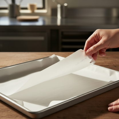 Mão a colocar papel multicozeduras branco num tabuleiro de forno — RAS Embalagens