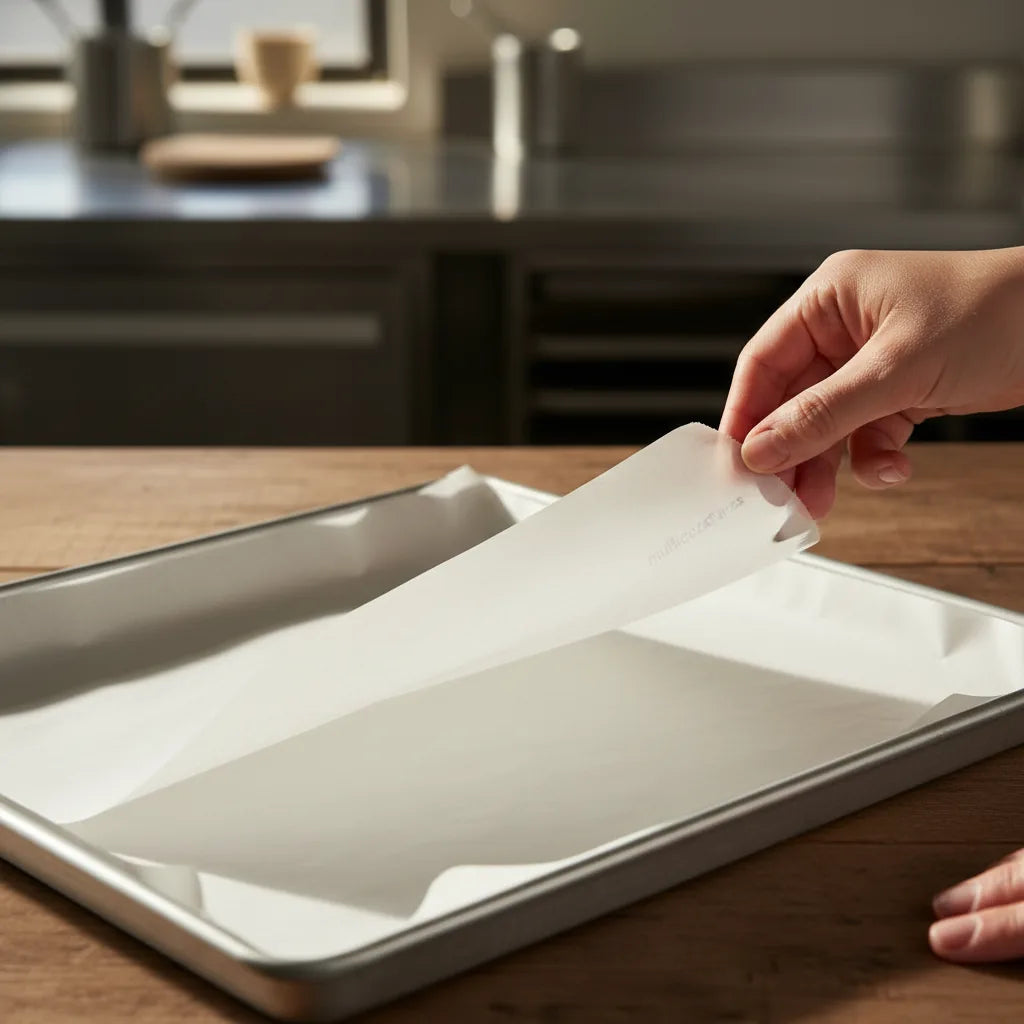Mão a colocar papel multicozeduras branco num tabuleiro de forno — RAS Embalagens