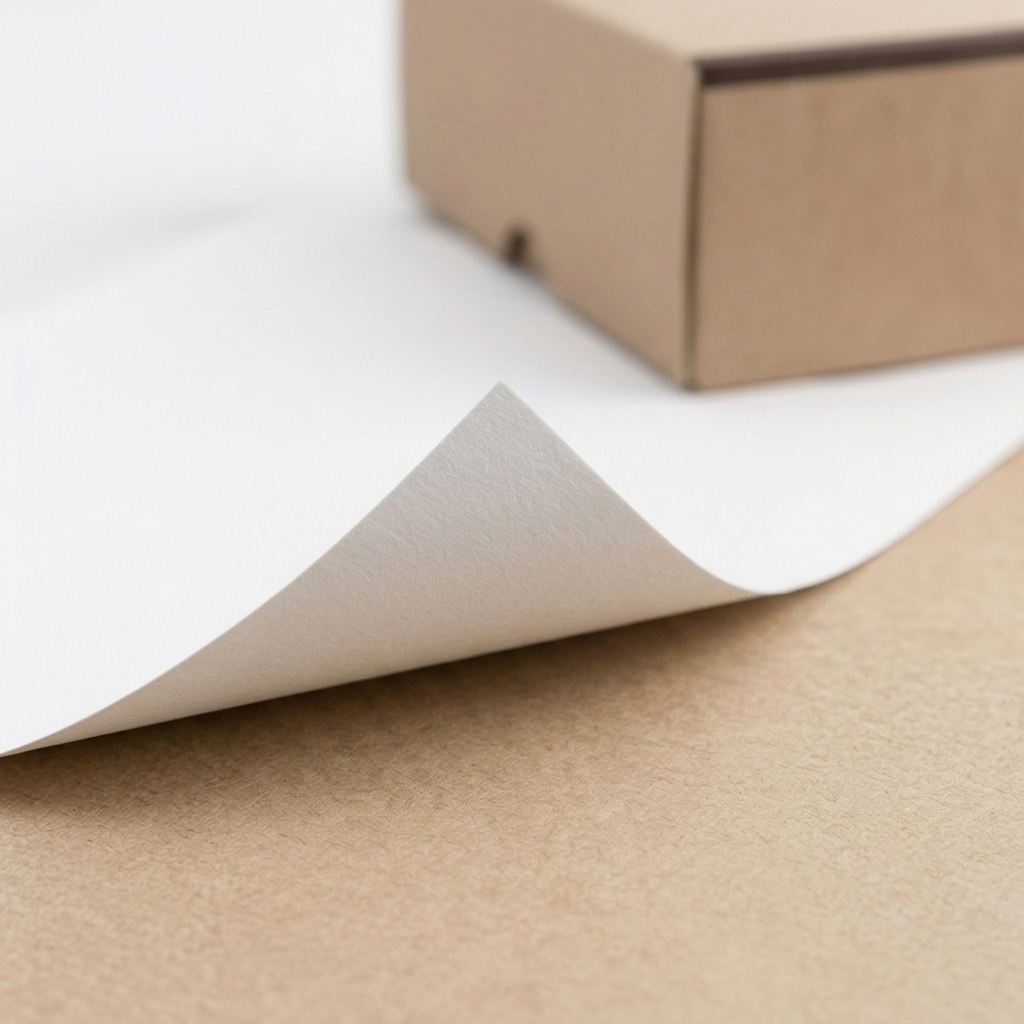 Folha de papel multicozeduras branco a descolar, com textura visível — RAS Embalagens