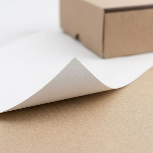 Folha de papel multicozeduras branco a descolar, com textura visível — RAS Embalagens