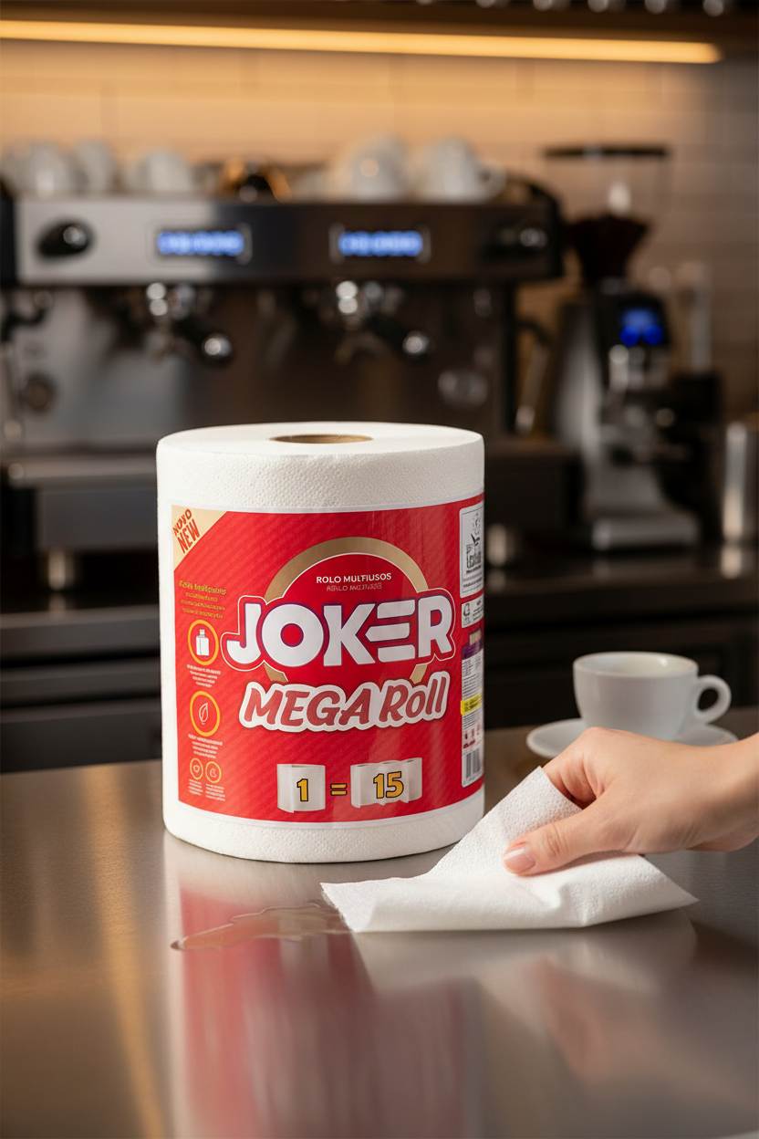 Papel multiusos Mega Roll Joker pousado no balcão de um café — RAS Embalagens