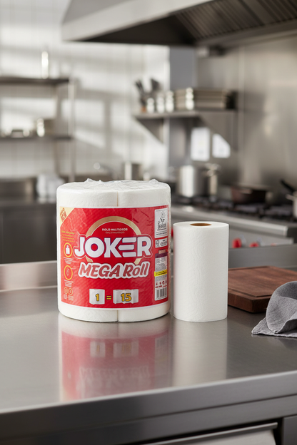 Papel multiusos Mega Roll Joker numa cozinha de restaurante em inox — RAS Embalagens