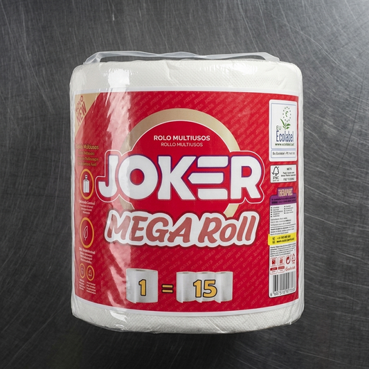 Rolo de papel multiusos Mega Roll Joker na embalagem vermelha e branca — RAS Embalagens