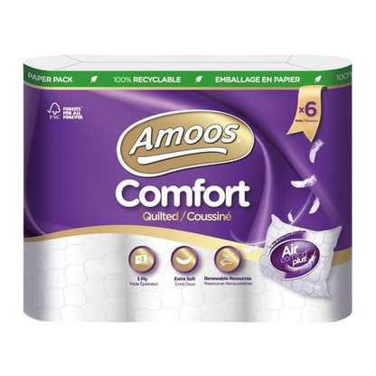 Papel Higiénico Doméstico Amoos Comfort Quilted x6 rolos Conforto extra e maciez