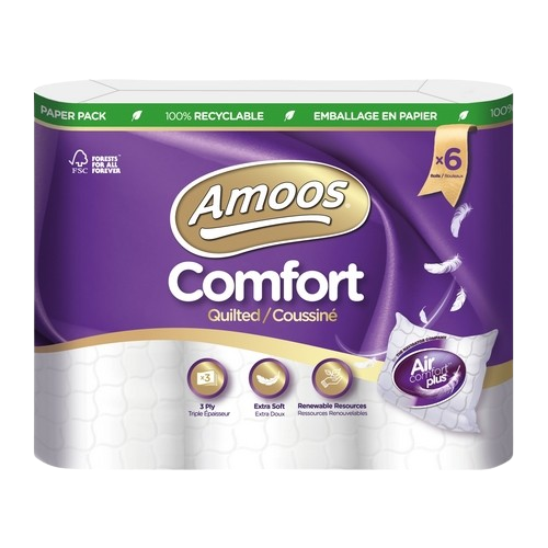 Papel Higiénico Doméstico Amoos Comfort Quilted x6 rolos Conforto extra e maciez