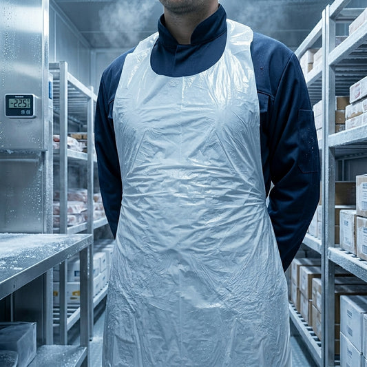 Trabalhador com avental descartável branco em câmara de frio — RAS Embalagens