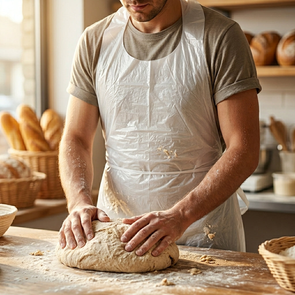 Profissional de padaria com avental descartável branco na preparação de alimentos — RAS Embalagens