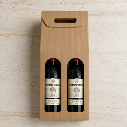 Caixa Kraft para 2 Garrafas apresentada como oferta com fita natural — RAS Embalagens