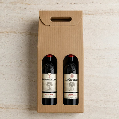 Caixa Kraft para 2 Garrafas apresentada como oferta com fita natural — RAS Embalagens