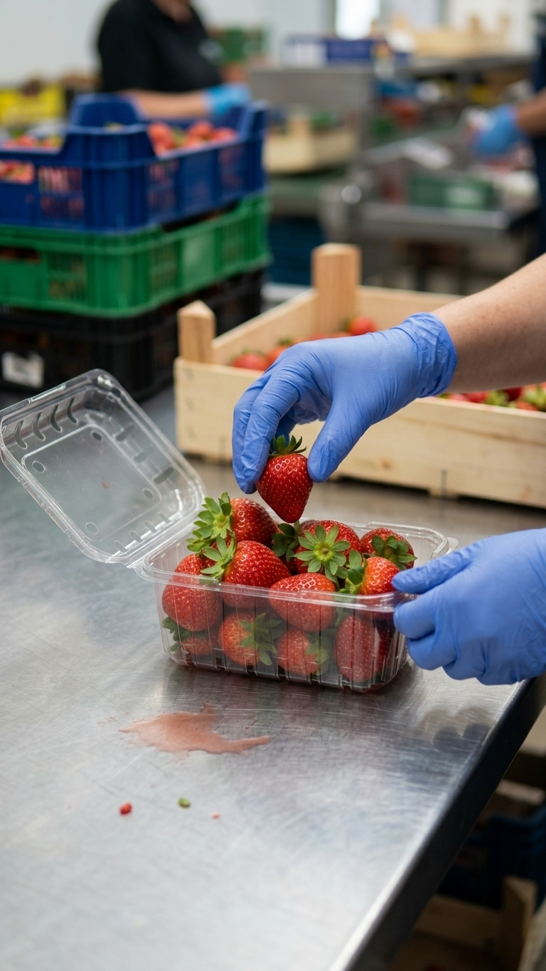 Caixa Plástico para Fruta durante embalamento de morangos — RAS Embalagens