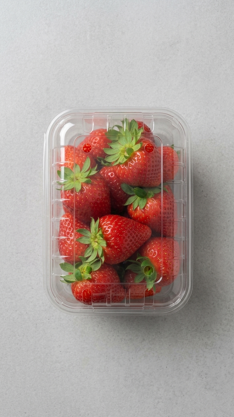 Caixa Plástico para Fruta com morangos vista de cima — RAS Embalagens